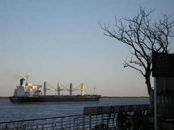 a ship going down river in Rosario, Argentina