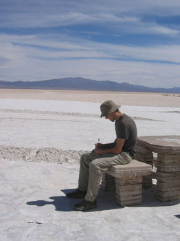 taking notes on a salt bench, Salinas Grandes, northwest Argentina