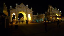 part of the Mysore palace illuminated at night