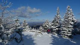 joy walking down to the ski hut