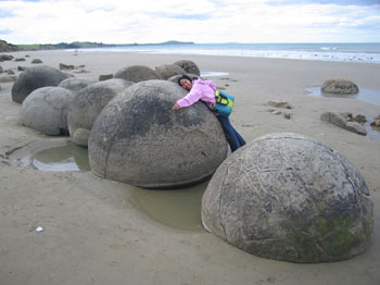 Joy with Moeraki boulders, New Zealand
