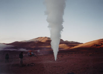 hot steam geysers feed morning mist.  It's far below freezing out there.