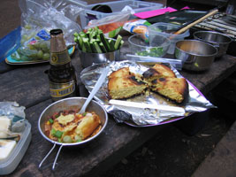 chili for dinner, with fresh fire-baked cornbread